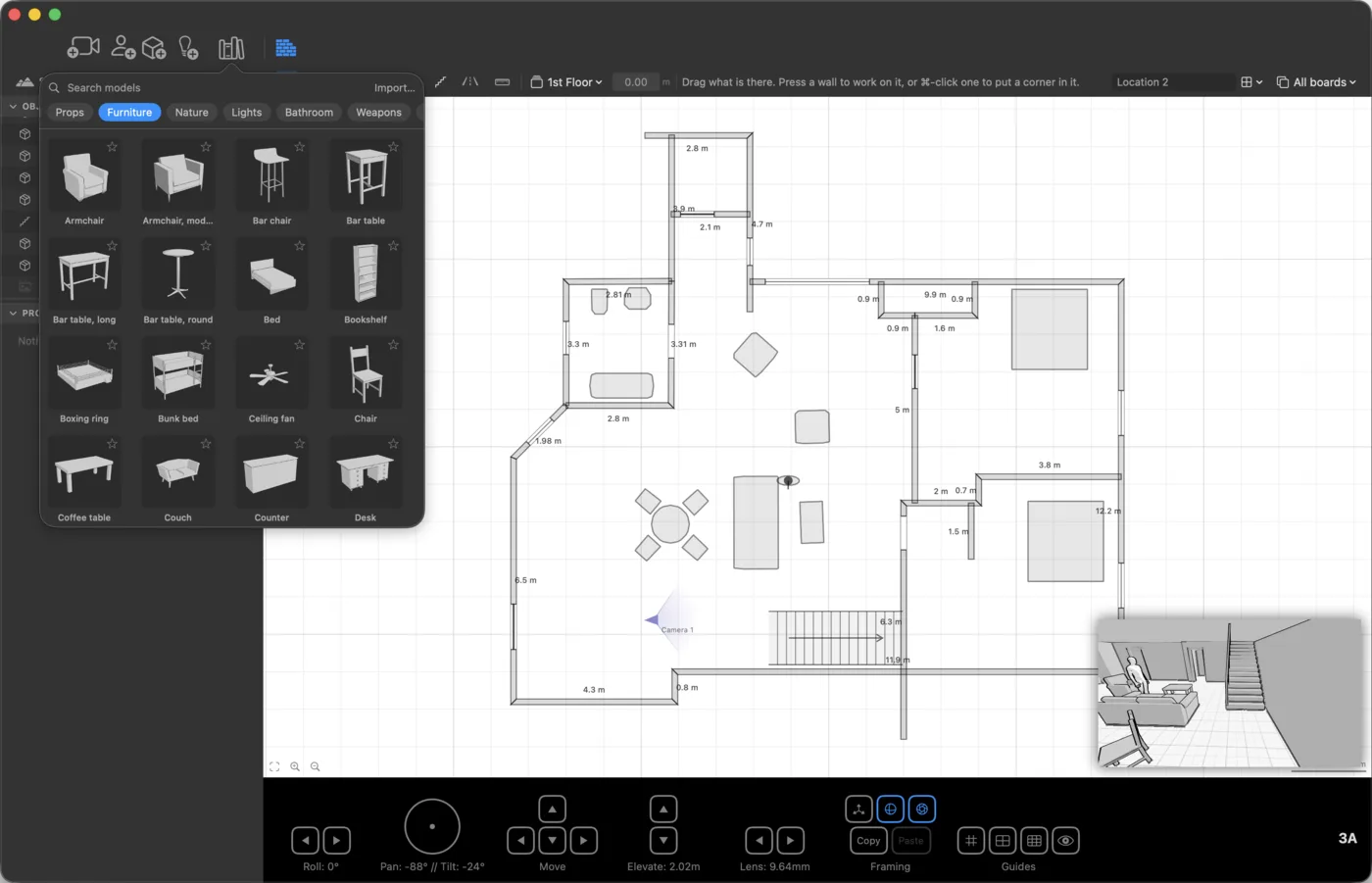 StoryB: build mode – a floor plan with wall dimensions, the furniture library open and a camera view in the corner