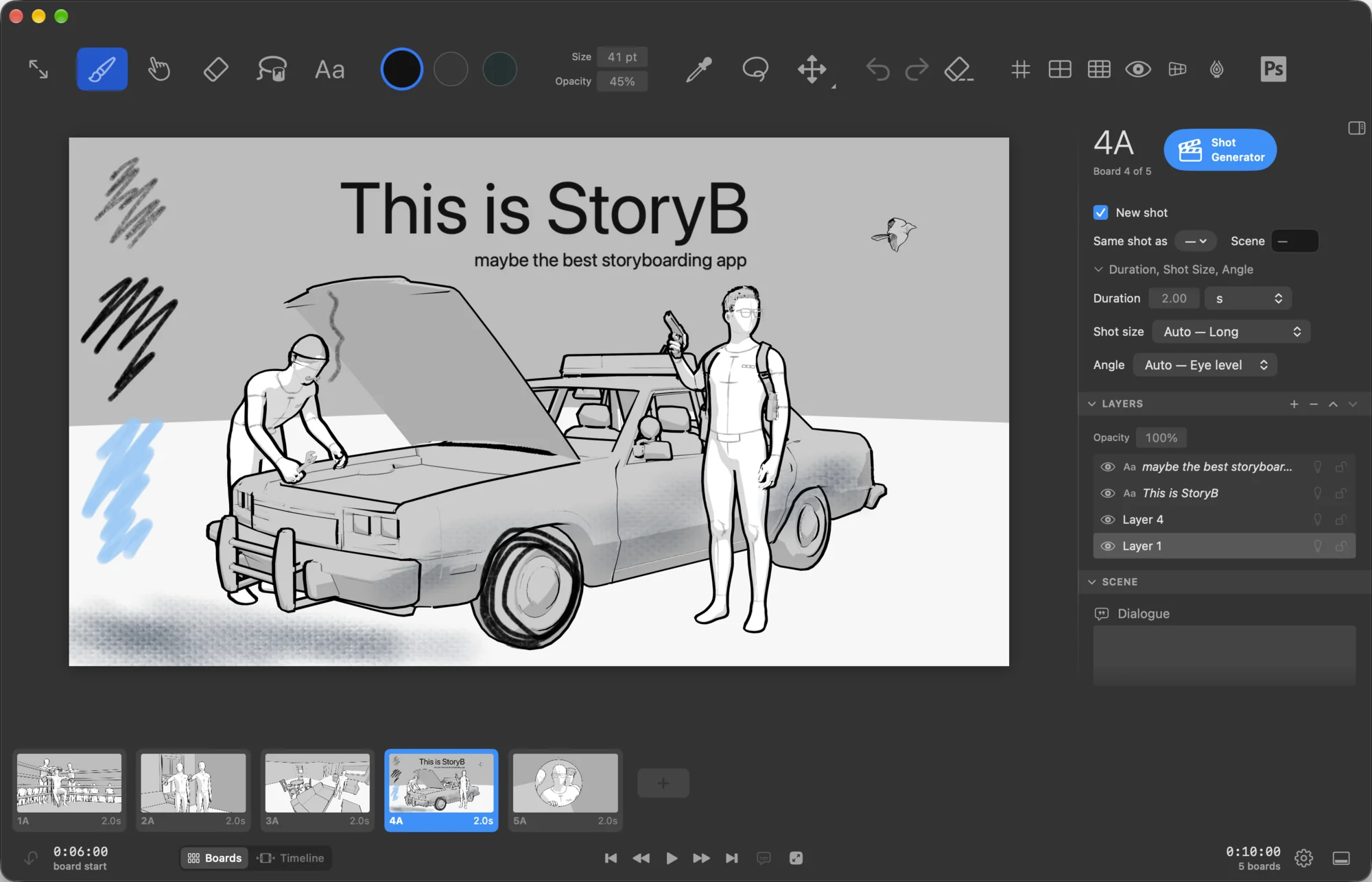 StoryB: the main window – a shot with a car and two figures, finished by hand, layers on the right, the board strip below