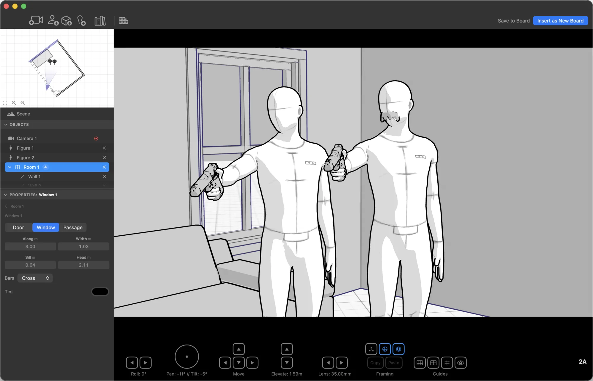 StoryB: two figures with guns in the 3D scene, the room plan and object list on the left, camera controls below